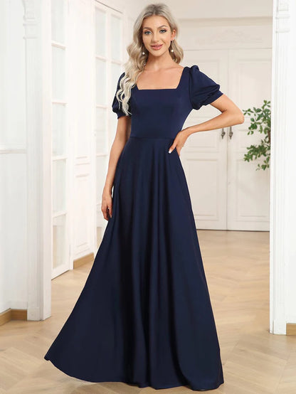 A-Line Floor-Length Square Neck Caged Back Evening Dress