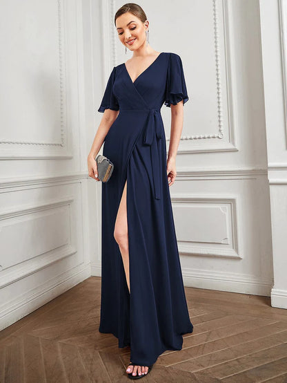 Flutter Sleeve Tie Waist High Slit Chiffon Evening Dress