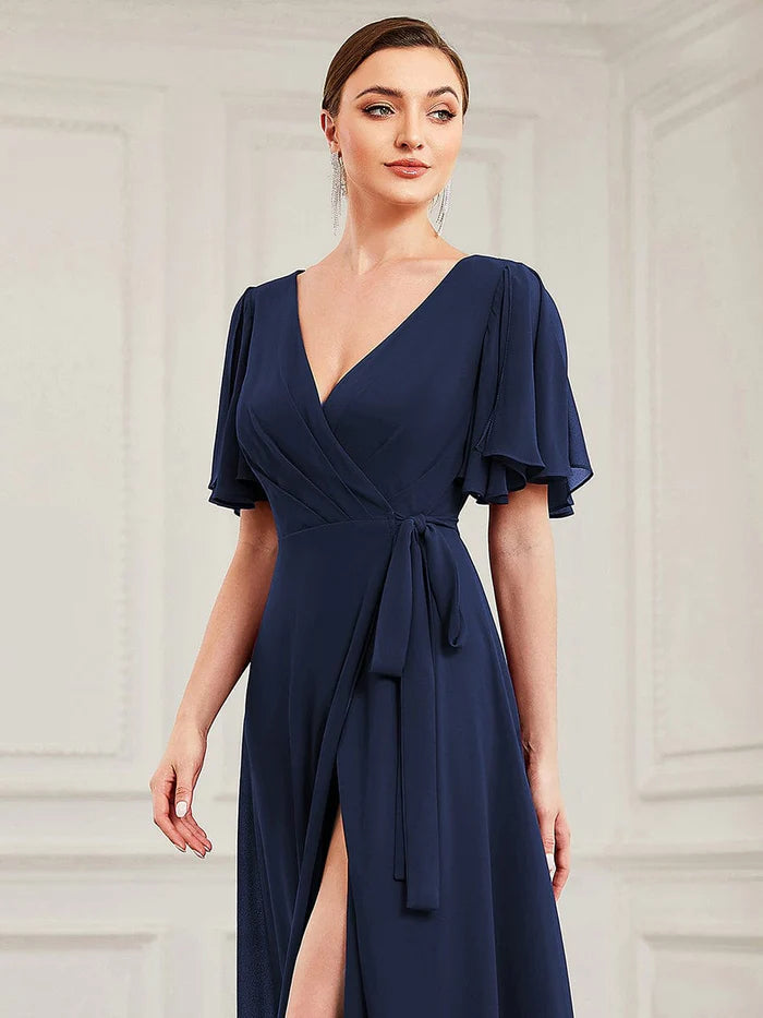 Flutter Sleeve Tie Waist High Slit Chiffon Evening Dress