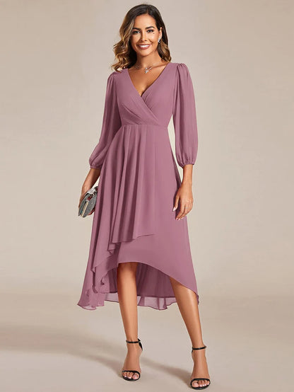 Chiffon Long Sleeve V-Neck High-Low Wedding Guest Dress