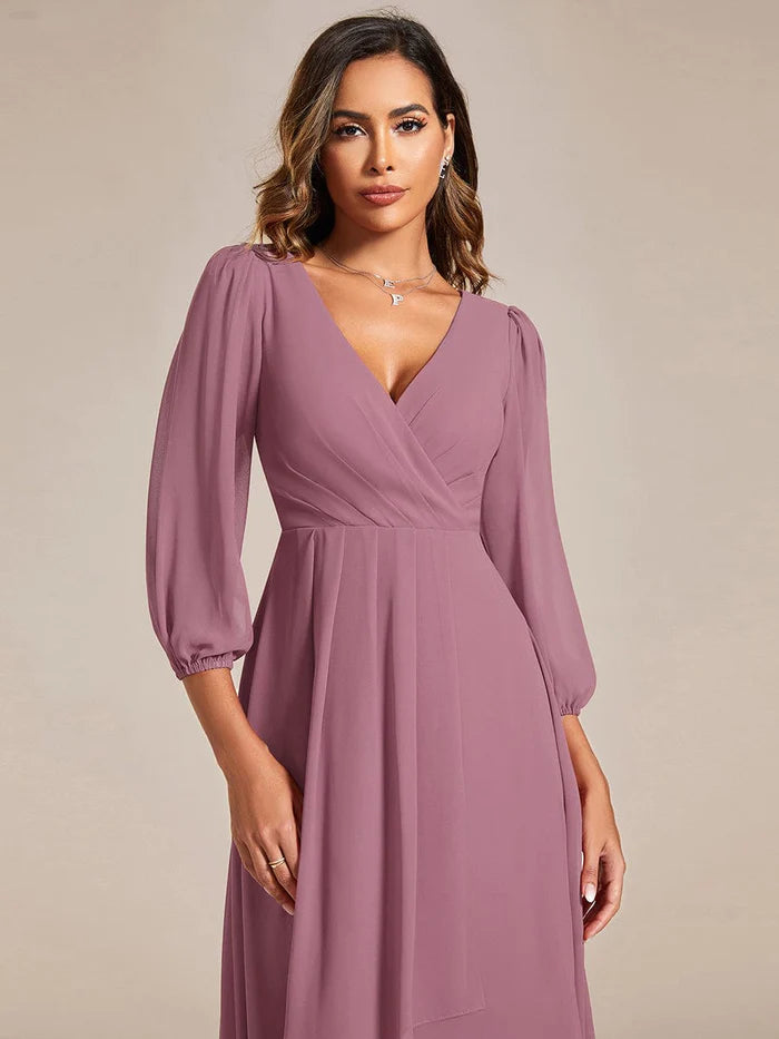 Chiffon Long Sleeve V-Neck High-Low Wedding Guest Dress