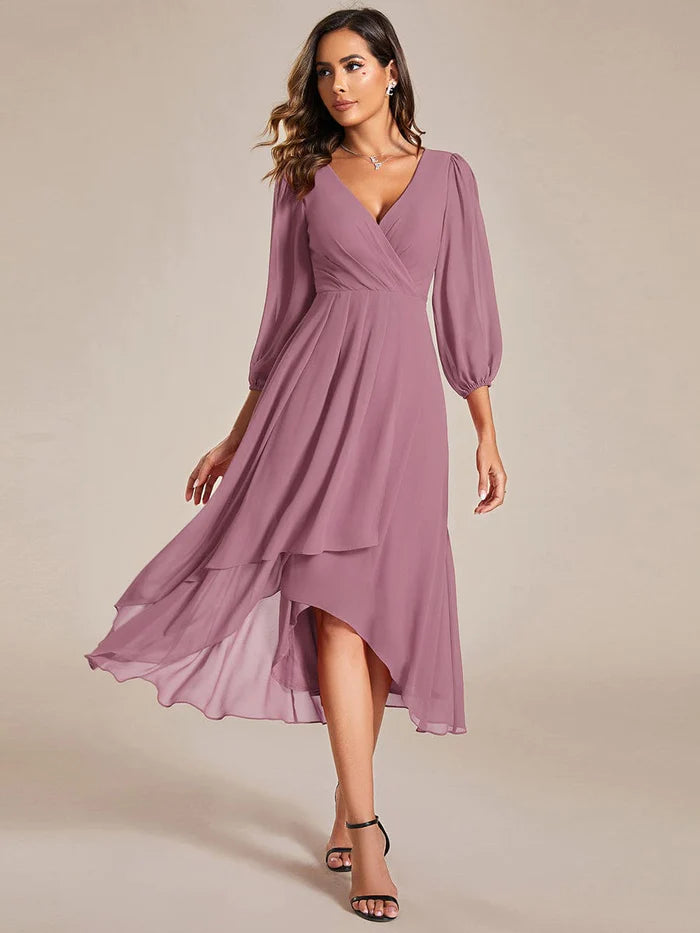 Chiffon Long Sleeve V-Neck High-Low Wedding Guest Dress