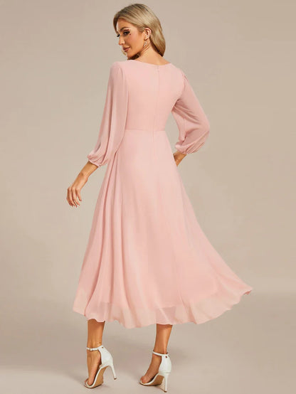 Chiffon Long Sleeve V-Neck High-Low Wedding Guest Dress