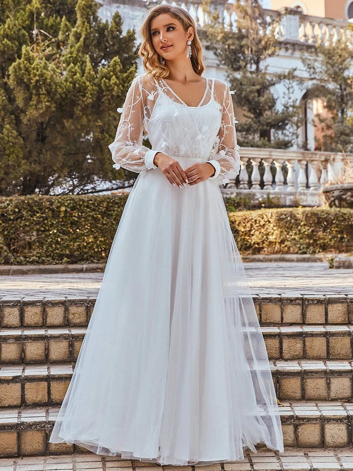 Classy A-Line Tulle Wedding Dress With Appliques Lace & Bowknot Sash main image 1