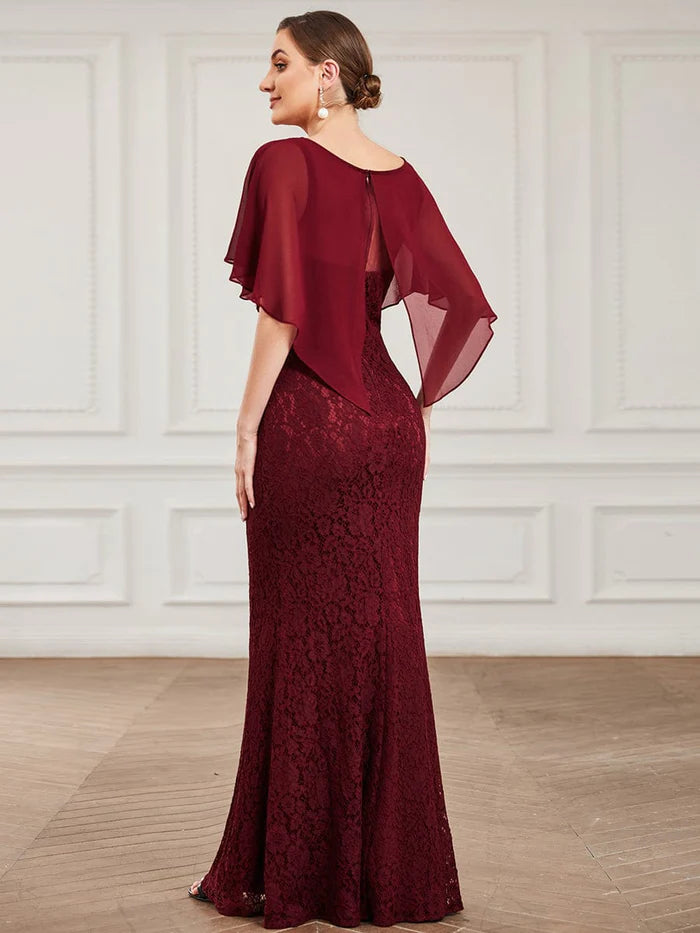 Elegant Capelet Lace Fit and Flare Mother of the Bride Dress