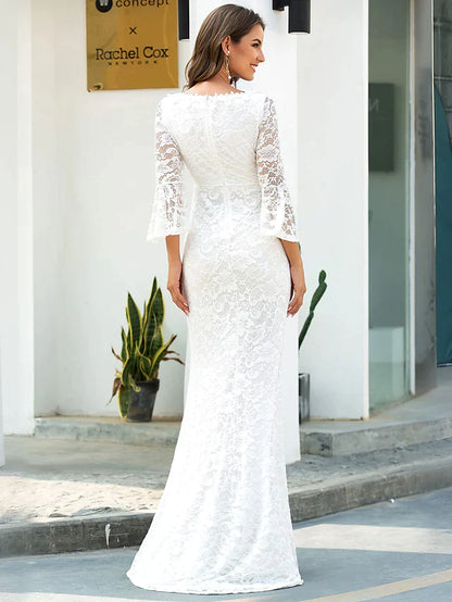 Wedding Dresses V Neck Lace Long Sleeve Romantic Simple Illusion Sleeve with Split Front