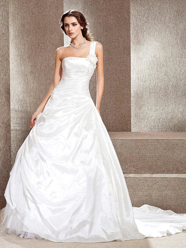 Princess A-Line Wedding Dresses One Shoulder Cathedral Train Taffeta Sleeveless