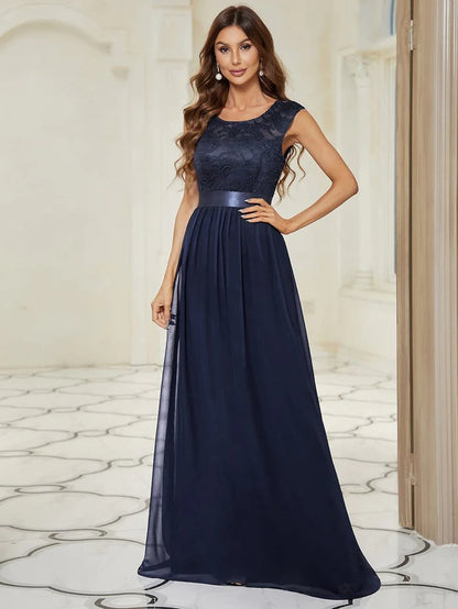 Classic Round Neck V Back Lace Bodice Bridesmaid Dress