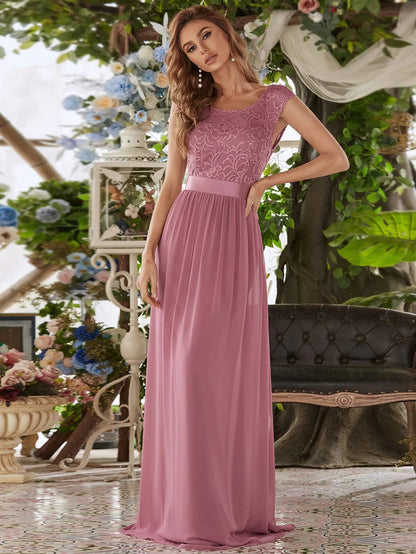 Classic Round Neck V Back Lace Bodice Bridesmaid Dress