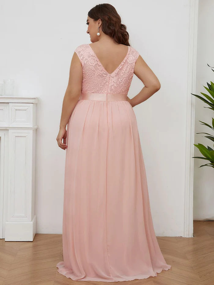 Classic Round Neck V Back Lace Bodice Bridesmaid Dress