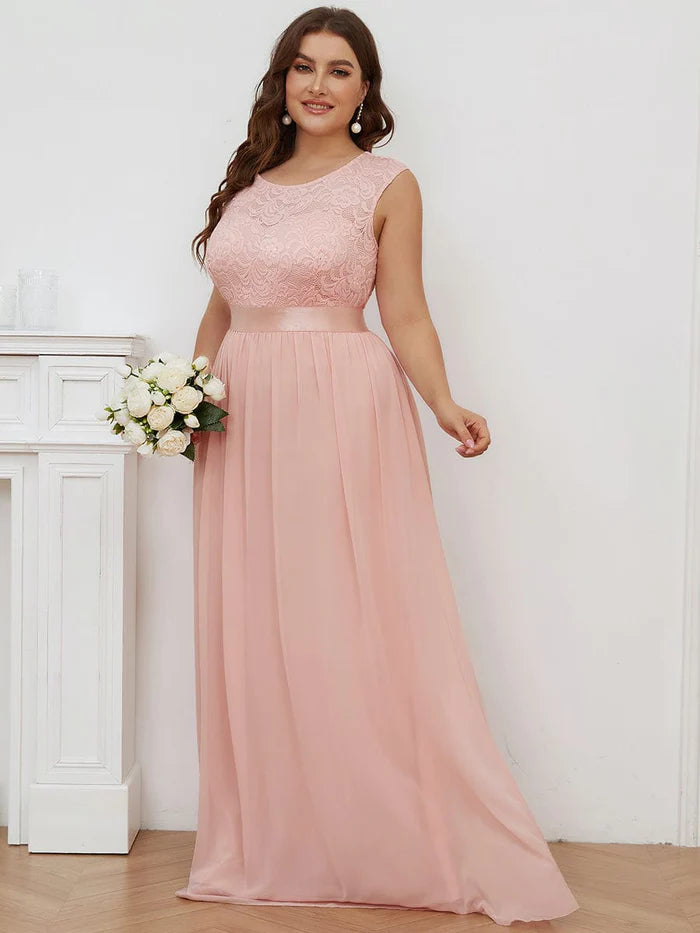 Classic Round Neck V Back Lace Bodice Bridesmaid Dress