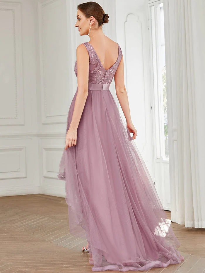 Fashion High-Low Deep V Neck Tulle Prom Dresses with Sequin Appliques