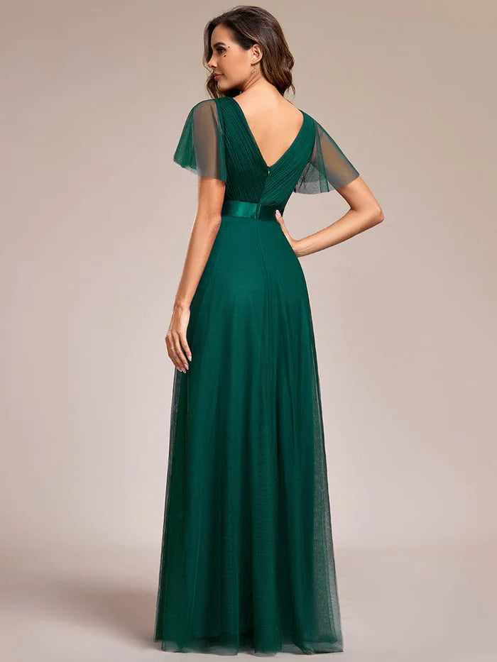 Double V-Neck Tulle Floor-Length Bridesmaid Dress