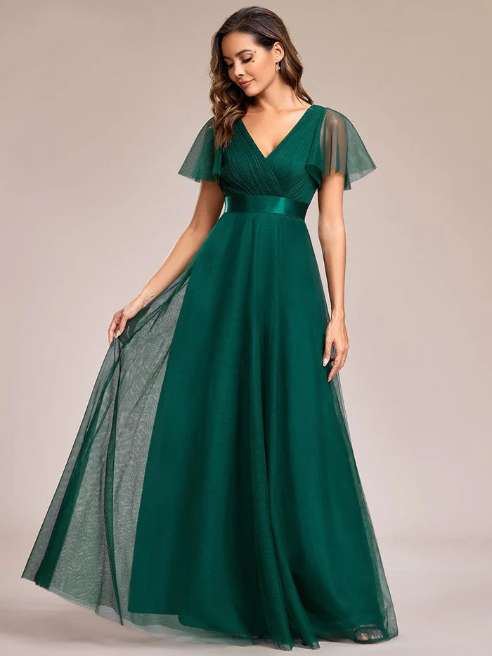 Double V-Neck Tulle Floor-Length Bridesmaid Dress