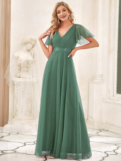 Double V-Neck Tulle Floor-Length Bridesmaid Dress