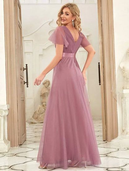 Double V-Neck Tulle Floor-Length Bridesmaid Dress