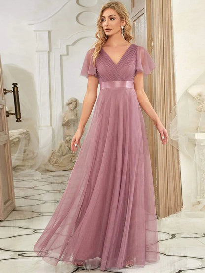 Double V-Neck Tulle Floor-Length Bridesmaid Dress