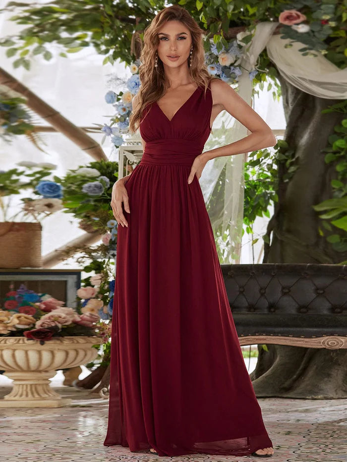 Custom Size V Neck Sleeveless Pleated Chiffon Evening Dress