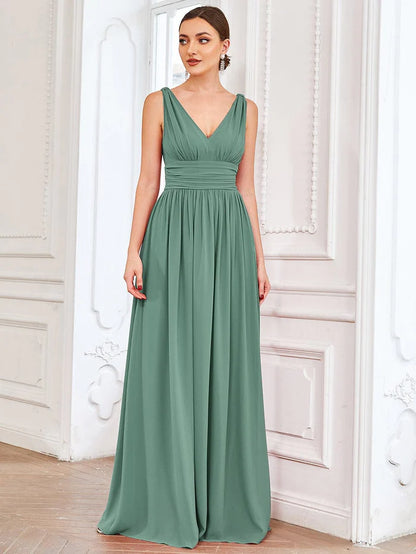 Custom Size V Neck Sleeveless Pleated Chiffon Evening Dress