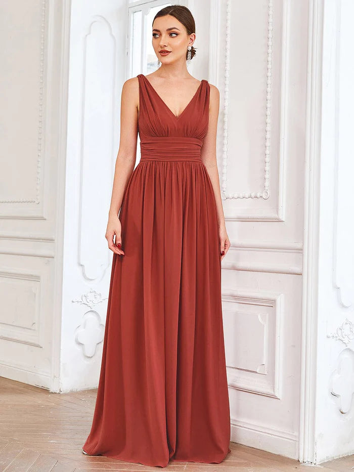 Custom Size V Neck Sleeveless Pleated Chiffon Evening Dress