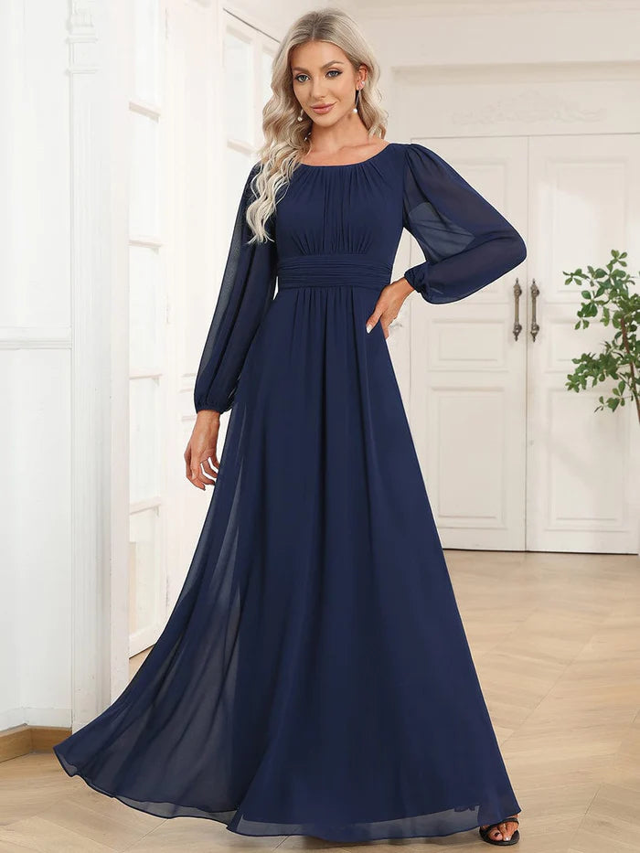 Chiffon Long Sleeve Pleated Floor Length Bridesmaid Dress