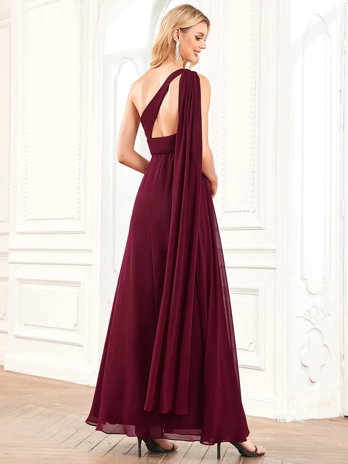 A-Line Asymmetrical Sleeve Chiffon Pleated Bridesmaid Dress