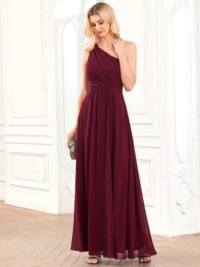 A-Line Asymmetrical Sleeve Chiffon Pleated Bridesmaid Dress