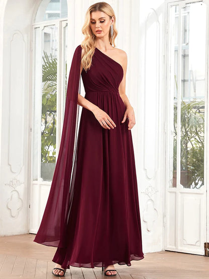 A-Line Asymmetrical Sleeve Chiffon Pleated Bridesmaid Dress