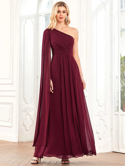 A-Line Asymmetrical Sleeve Chiffon Pleated Bridesmaid Dress