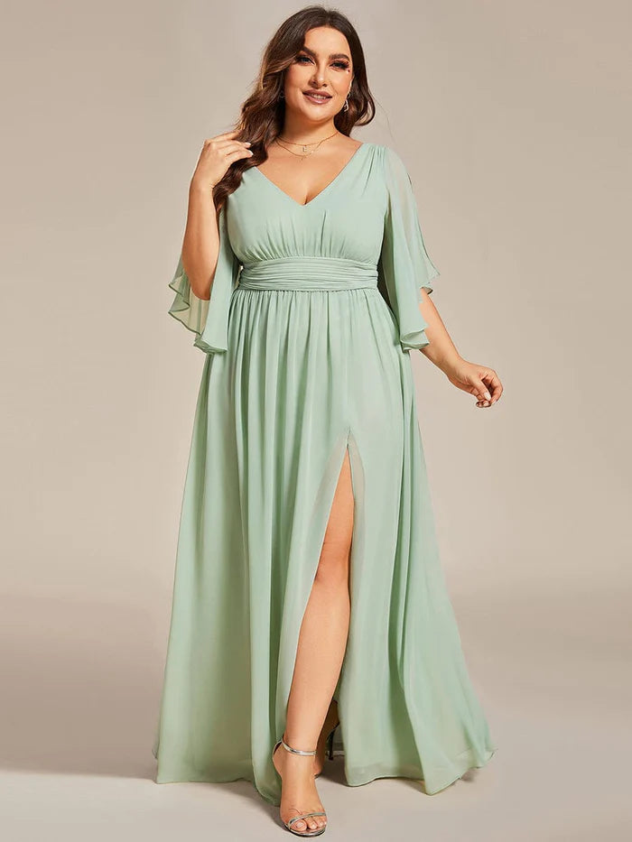 Chiffon A-Line Half Sleeves High Slit Bridesmaid Dress