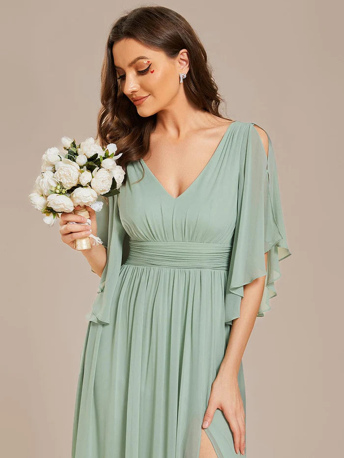 Chiffon A-Line Half Sleeves High Slit Bridesmaid Dress