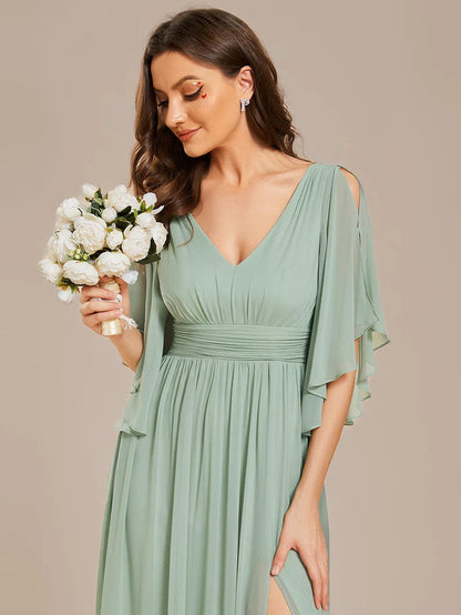 Chiffon A-Line Half Sleeves High Slit Bridesmaid Dress