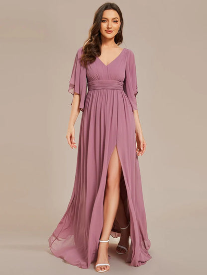 Chiffon A-Line Half Sleeves High Slit Bridesmaid Dress