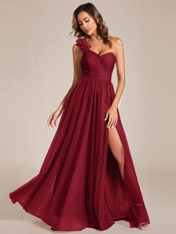 Elegant One Shoulder Maxi Tulle High Slit Bridesmaid Dress