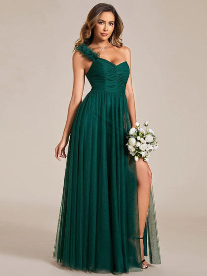 Elegant One Shoulder Maxi Tulle High Slit Bridesmaid Dress