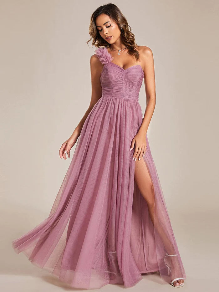 Elegant One Shoulder Maxi Tulle High Slit Bridesmaid Dress