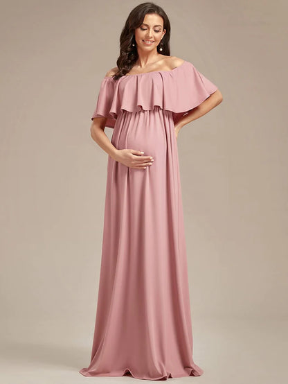 Flattering A-Line Maternity Dress with Off-Shoulder Ruffle