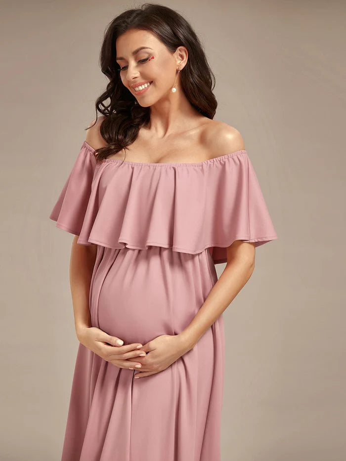 Flattering A-Line Maternity Dress with Off-Shoulder Ruffle