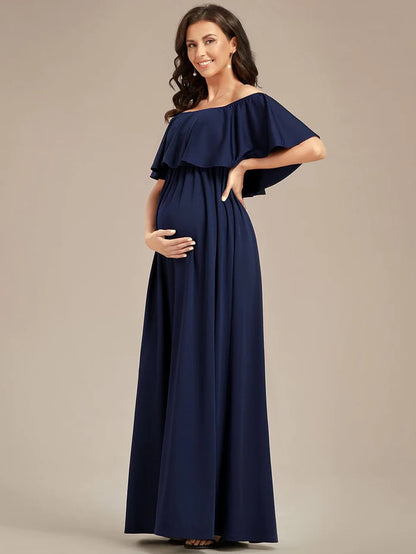 Flattering A-Line Maternity Dress with Off-Shoulder Ruffle