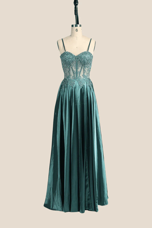 Spaghetti Straps Green Embroidery Long Prom Dress