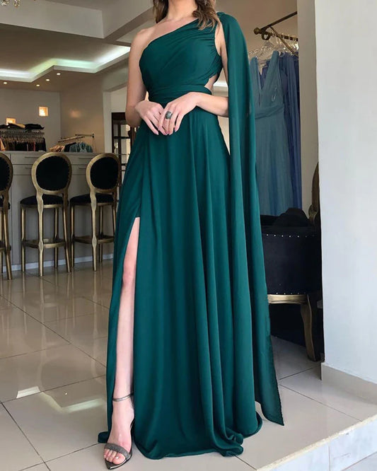 Green Chiffon Evening Dresses One Shoulder