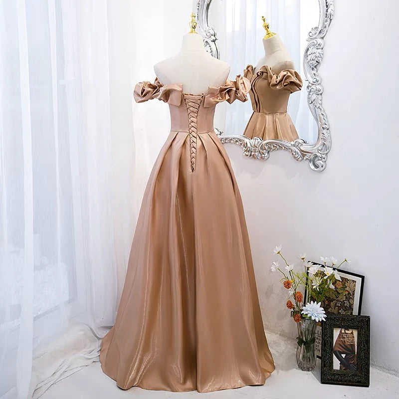 A-Line Off Shoulder Satin Champagne Long Prom Dress