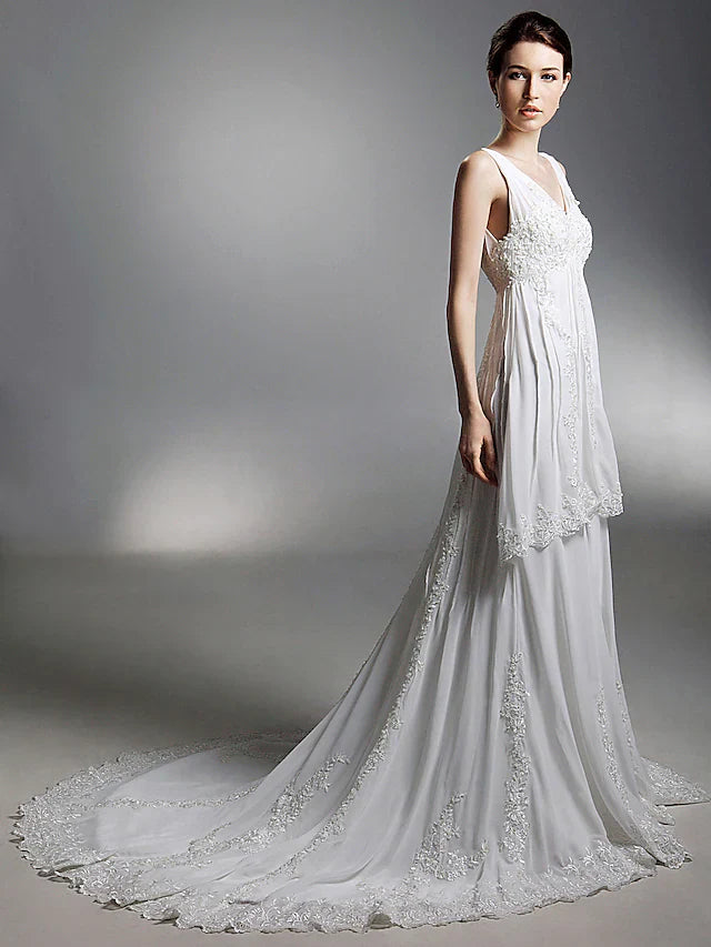 Princess A-Line Wedding Dresses V Neck Chapel Train Chiffon Sleeveless