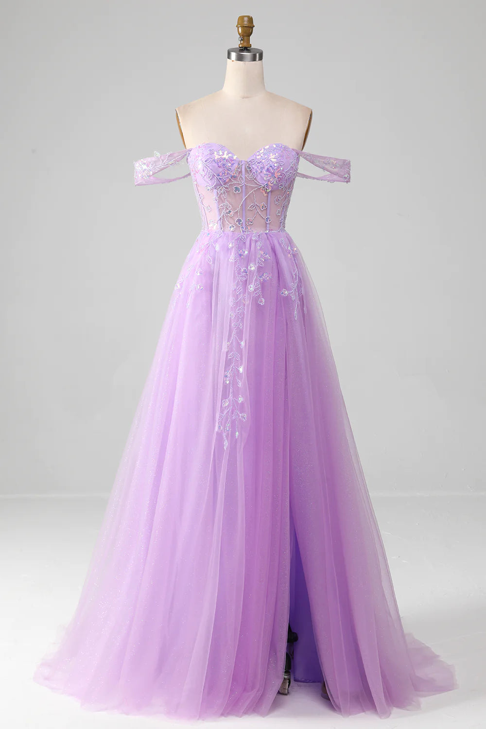 19222 Lavender Off-Shoulder Sheer Sleeve Slit Dress