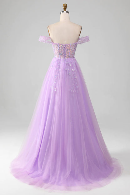 17013 Lavender Rose Off-Shoulder Satin Slit Dress