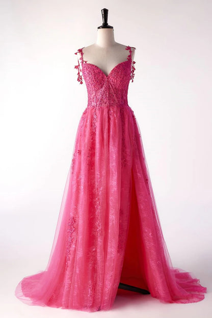 Off the Shoulder Hot Pink Lace A-line Prom Dress