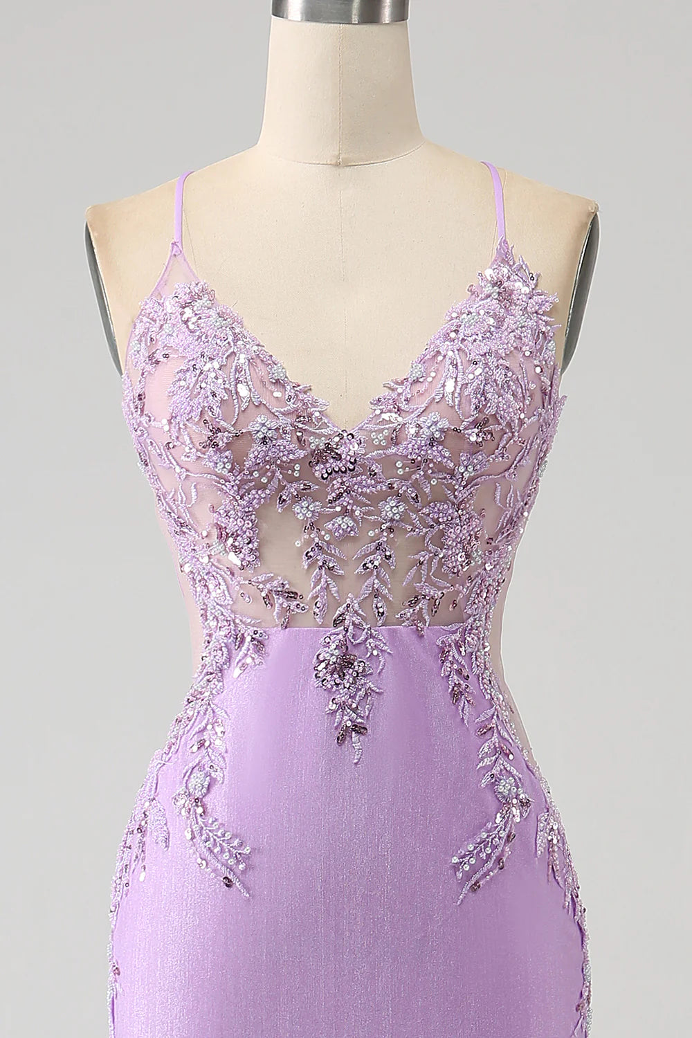 Trendy Mermaid Spaghetti Straps Lilac Long Prom Dress With Appliques B