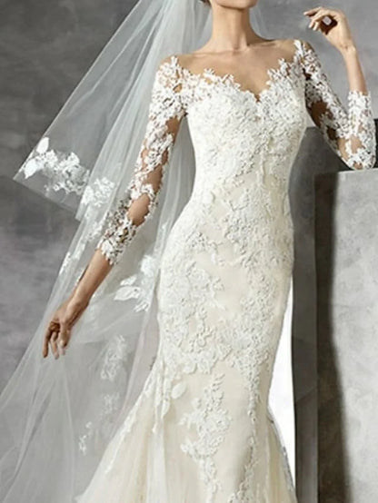 Wedding Dresses V Neck Lace Length Sleeve Sexy Illusion Sleeve with Lace Insert