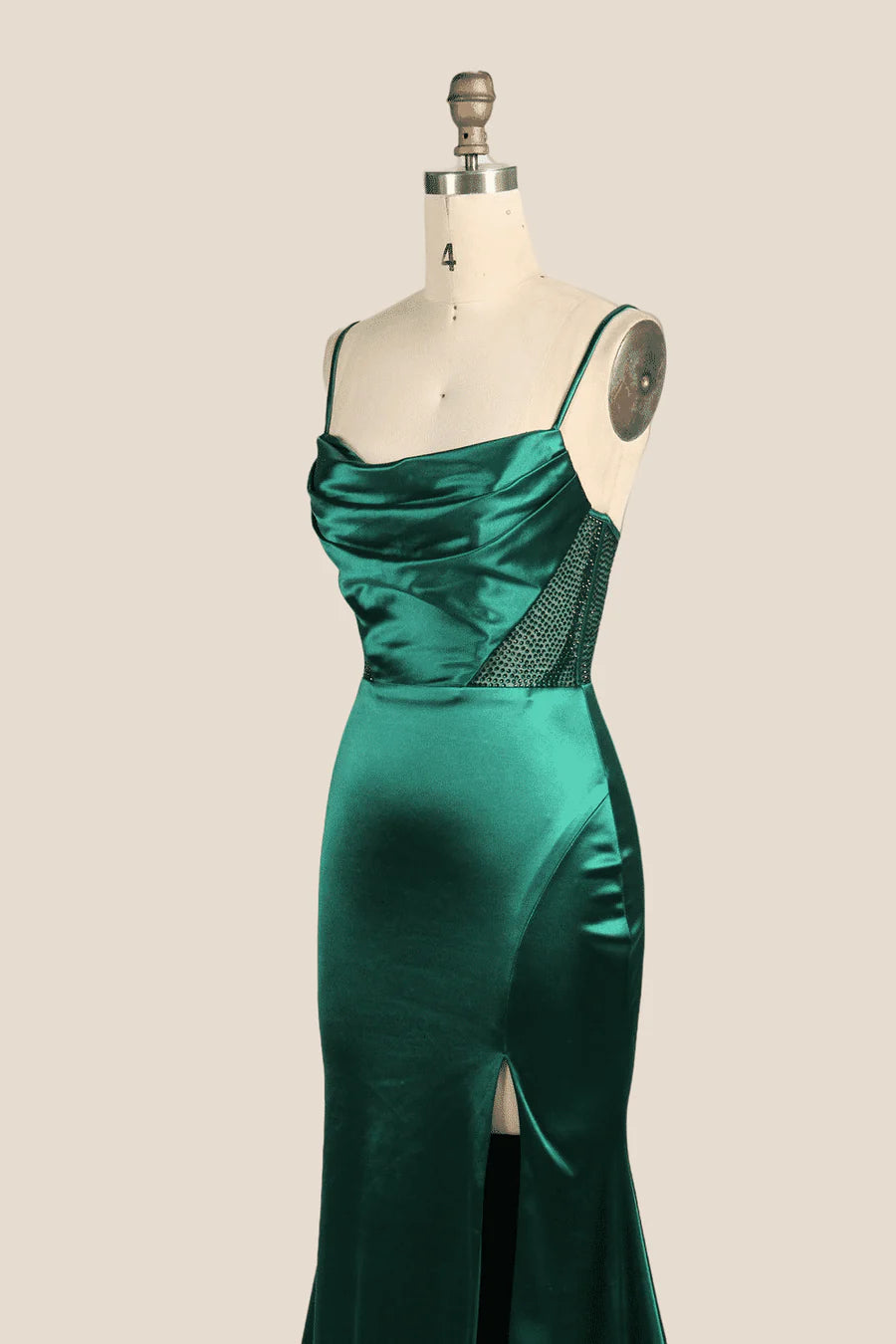 Cowl Neck Emerald Green Beaded Long Prom Dress