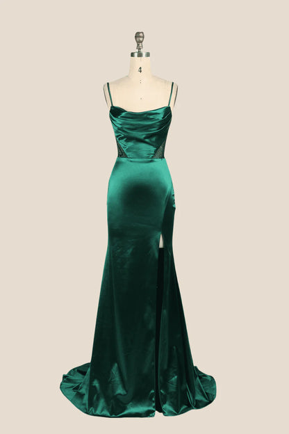 Cowl Neck Emerald Green Beaded Long Prom Dress